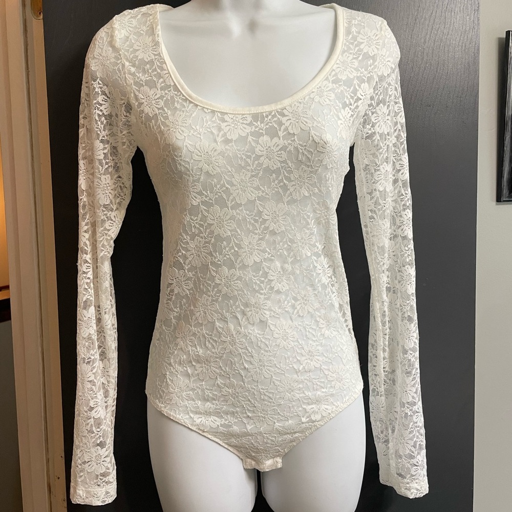 White lace bodysuit, long sleeves